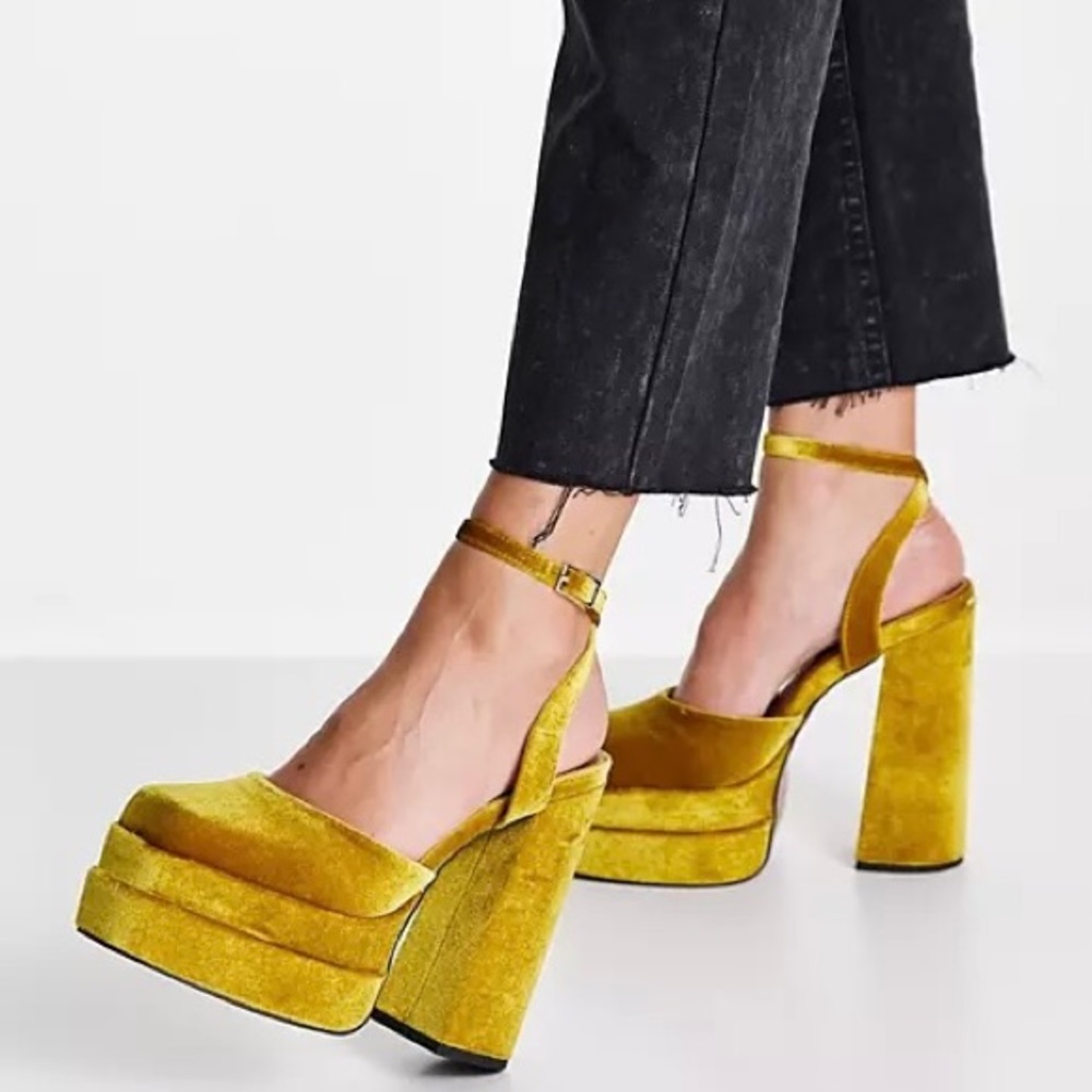 ASOS Platform Heels Pluto Chartreuse Yellow-Green Stack Heel With Ankle Strap
